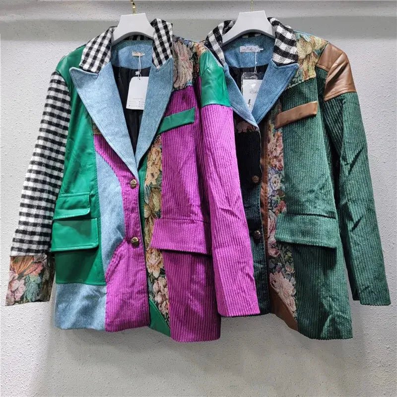 Trendy Women's Plaid Patchwork Blazer – Winter Lapel Coat - HalleBeauty